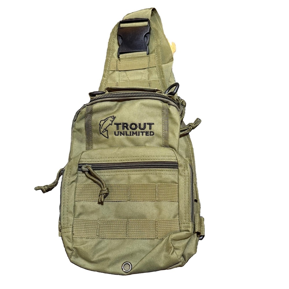 Trout Unlimited Tactical Sling Crossbody Bag Olive Green MOLLE Pockets Fishing